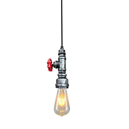 Industrial water pipe chandelier kitchen pendant light with black pipe, valve design, red handle, and exposed filament bulb