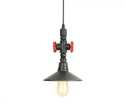Black industrial water pipe pendant light with red valve handles and vintage bulb for dining room decorbites industrial water