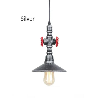 Industrial water pipe pendant light with silver finish red valve handles and vintage edison bulb for dining room decorbites industrial water