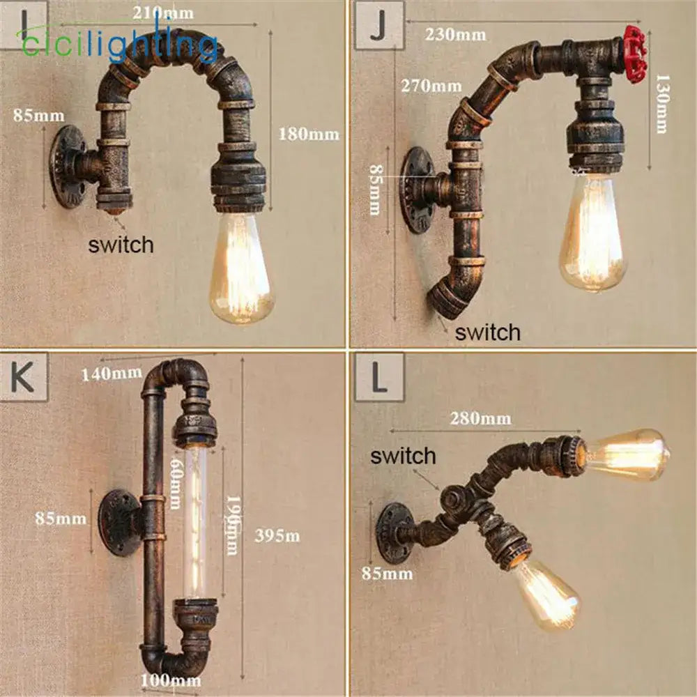 Industrial water pipe wall sconce with dark rusted metal pipe design and exposed edison bulb for vintage decorbites industrial water lighting
