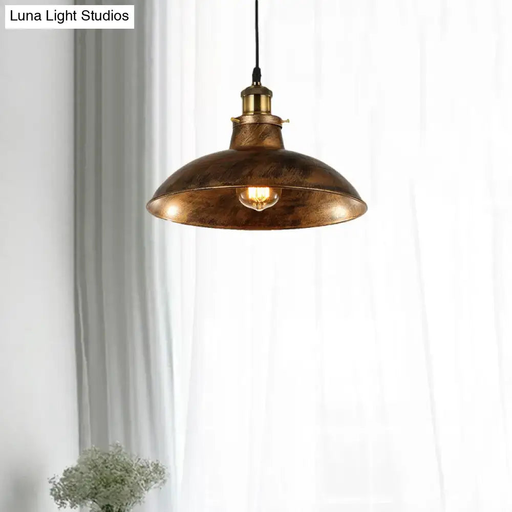 Antique brass wrought iron industrial pendant light with warm glowing bulb 110v-120v 220v-240v compatible led incandescent fluorescent