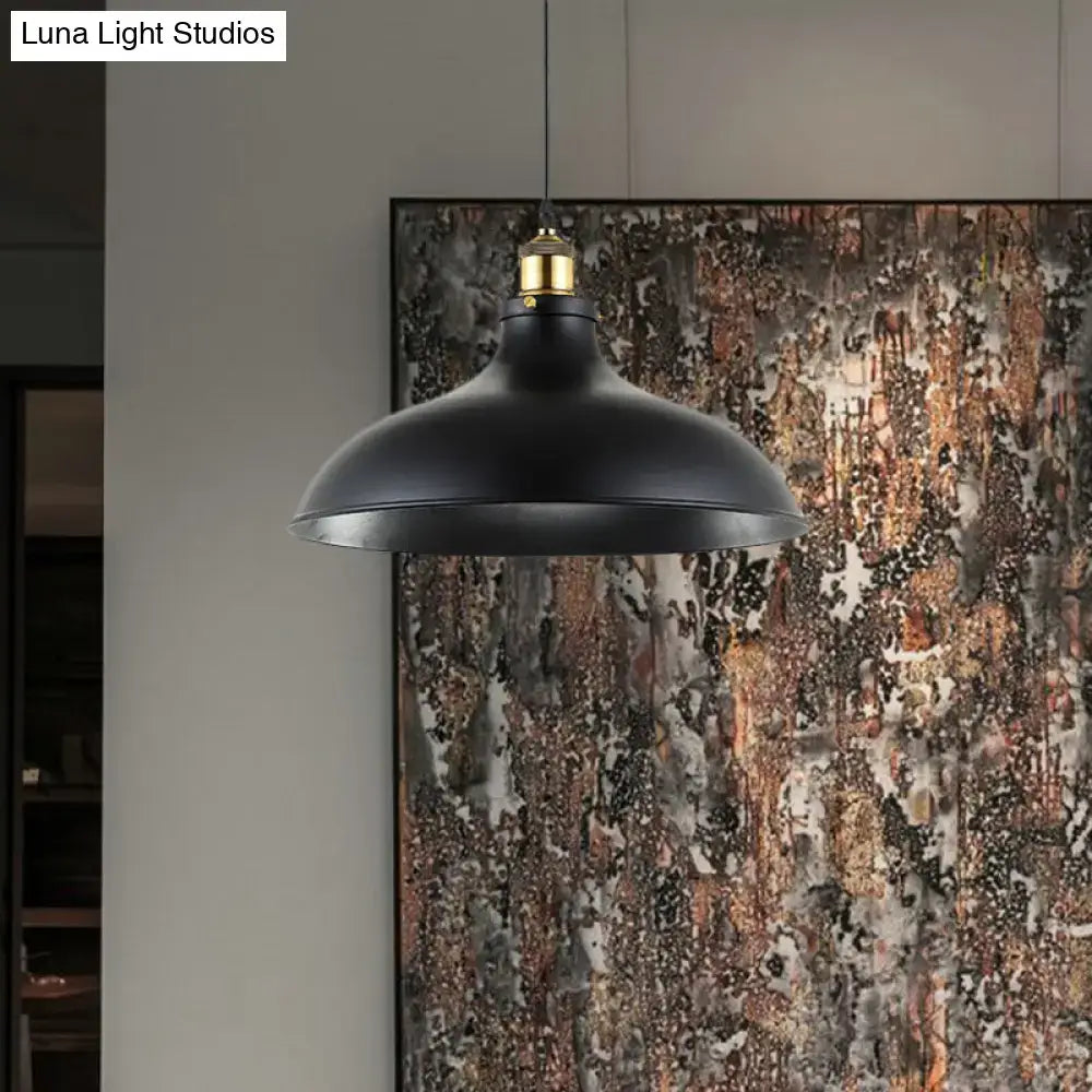 Black matte wrought iron industrial pendant light with brass suspension fitting for 110v-120v led or incandescent use