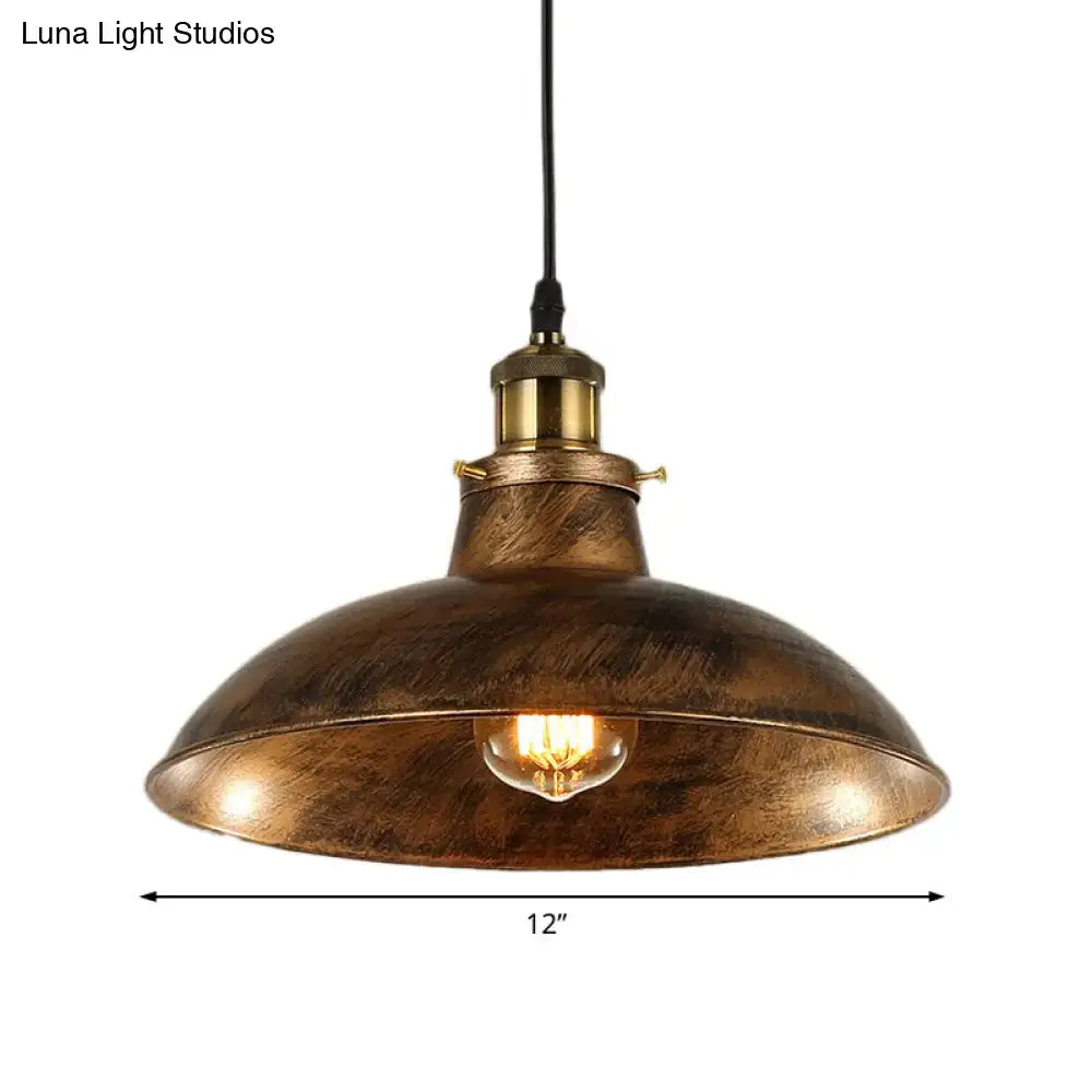 Antique brass wrought iron industrial pendant light with 12 inch diameter and exposed edison bulb 110v-120v 220v-240v compatible