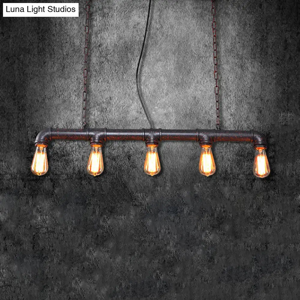 DecorBites™ vintage metallic 5-light indoor island light fixture with black pipes and weathered copper finish bulbs