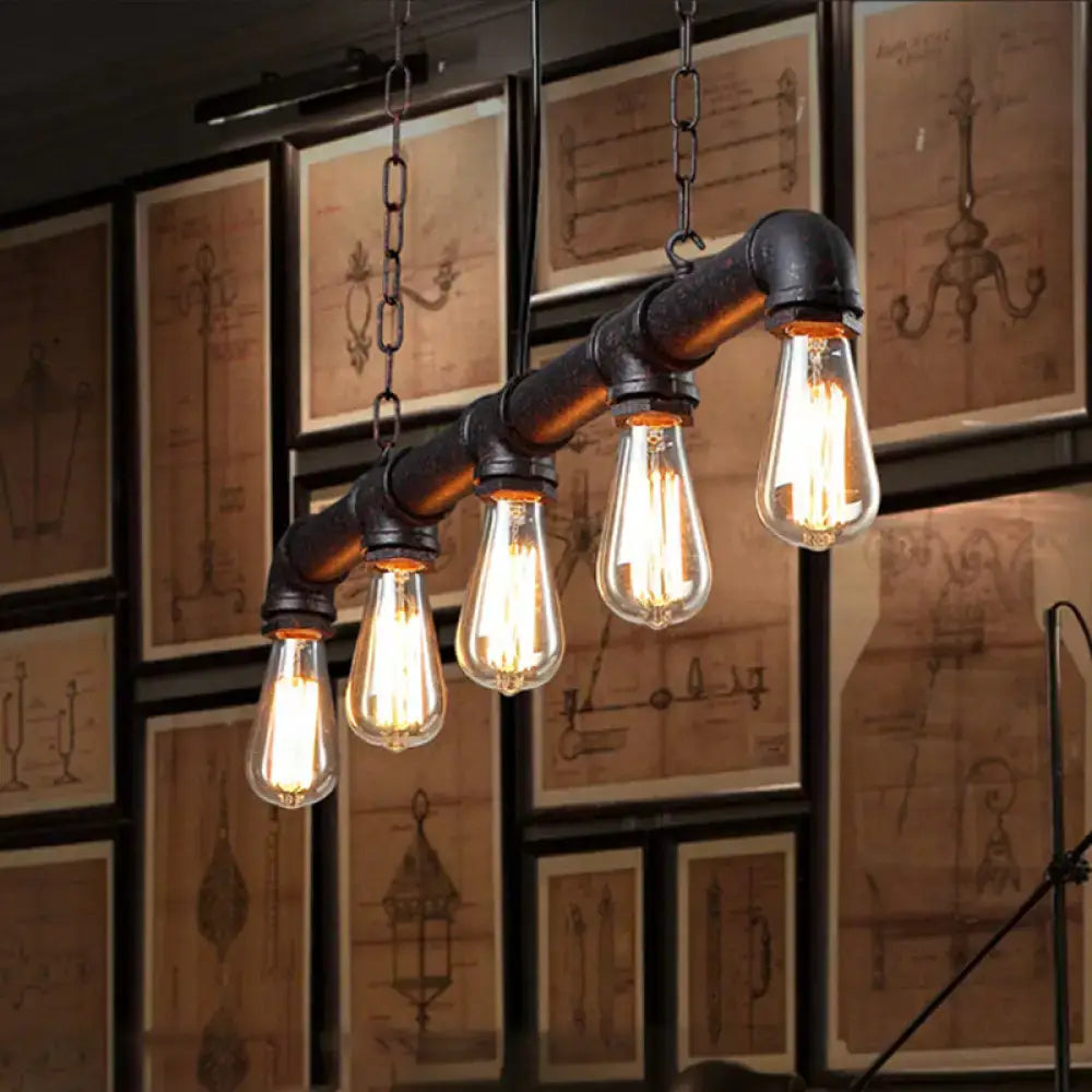 DecorBites vintage 5-light indoor island light fixture with industrial black pipes and weathered copper finish bulbs