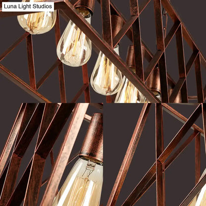 DecorBites industrial 6-light metal cross pendant light with weathered copper finish and exposed filament bulbs