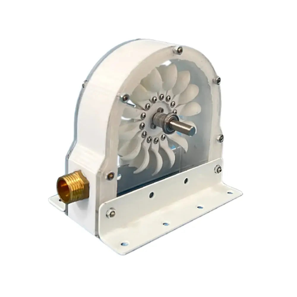 White industrial fan with metallic shaft and brass threaded connector for diy adapter in decorbites hydroelectric generator
