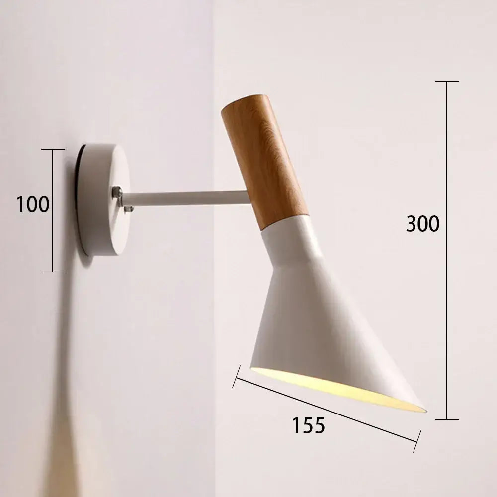 Modern white metal wall sconce with natural wood handle and conical shade for decorbites industrial led wall lighting