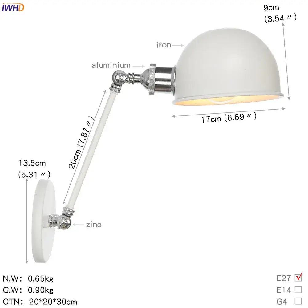 White matte dome wall sconce with chrome adjustable swing arm featuring zinc and aluminum decorbites adjustable swing