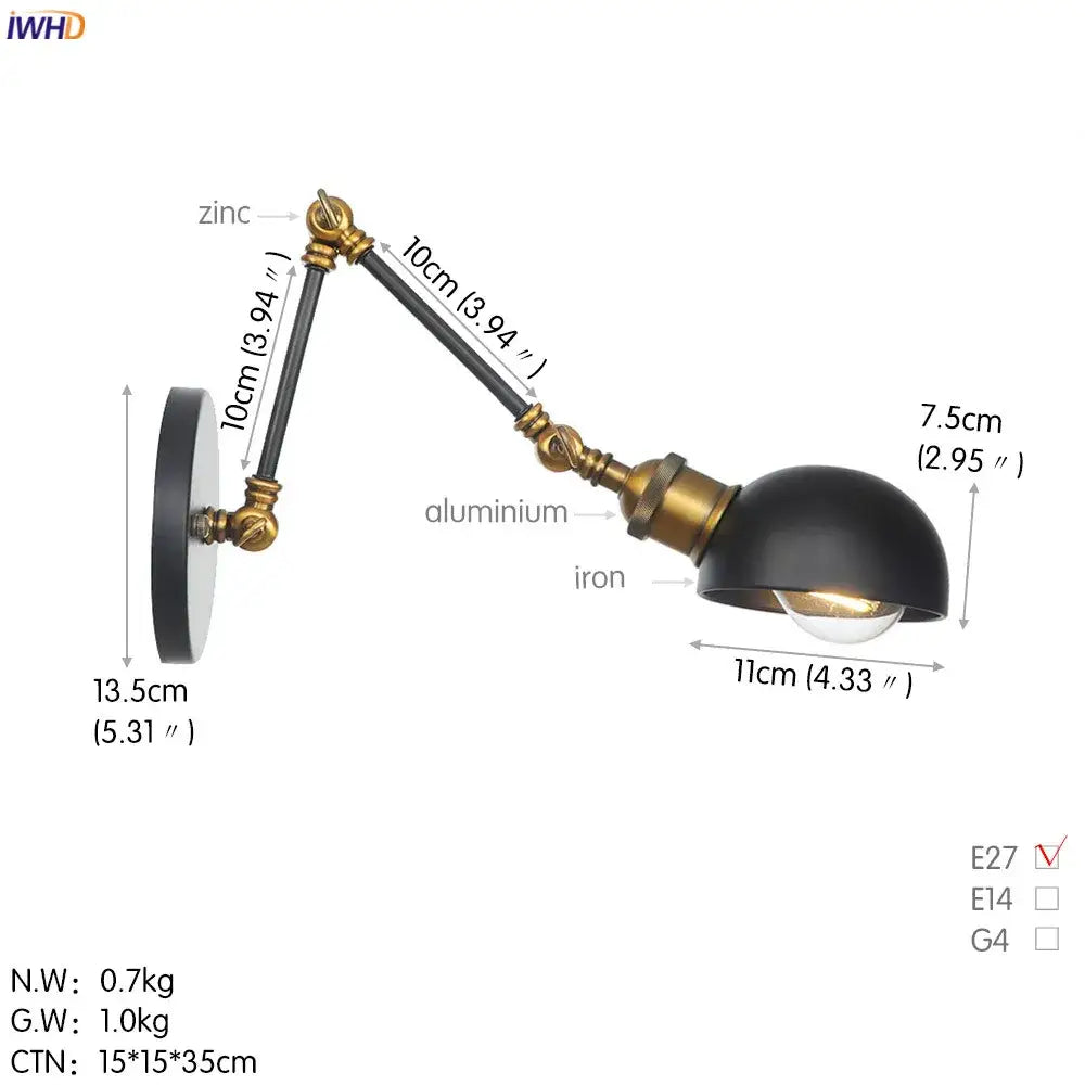 Industrial wall sconce with black dome shade, brass joints, zinc and aluminum adjustable swing arm for bedroom decorbites