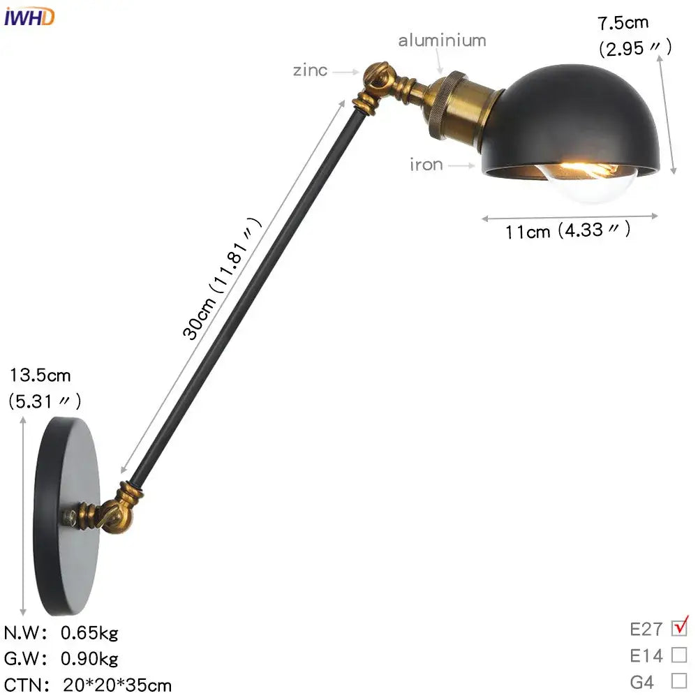 Industrial wall sconce with black matte dome, brass fittings, and iron decorbites adjustable swing arm for bedroom decor