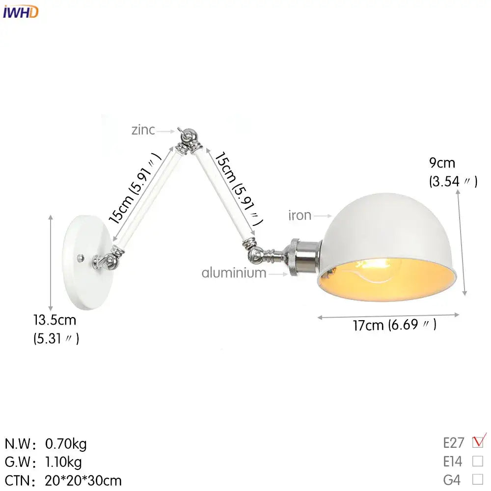 Industrial white and chrome wall sconce with decorbites adjustable swing arm, metallic silver zinc and aluminum material, edison bulb