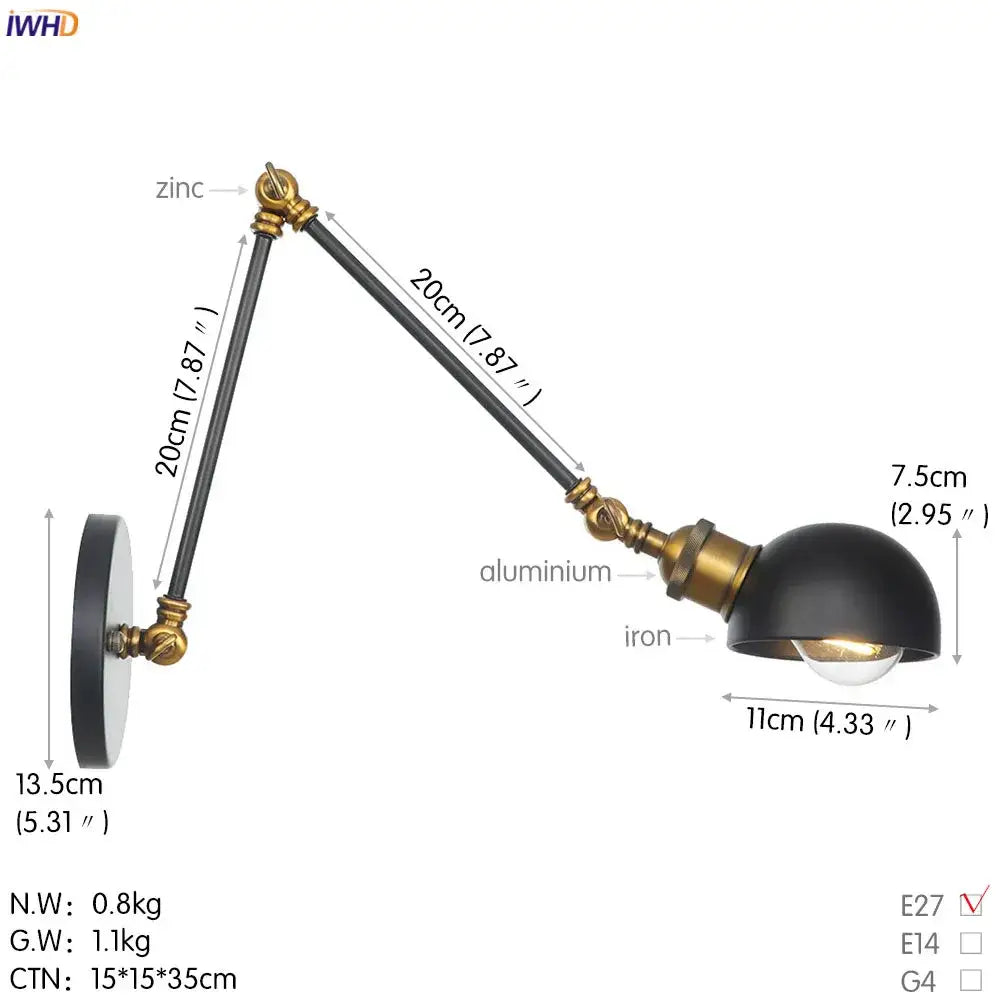 Industrial white and chrome adjustable swing arm wall sconce with black matte finish brass accents and zinc aluminum arm