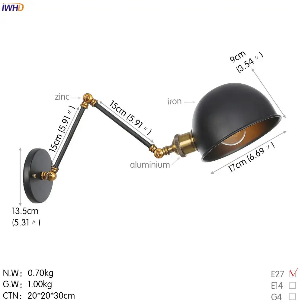 Industrial-style black and brass wall sconce with matte dome shade and decorbites adjustable swing arm for bedroom use