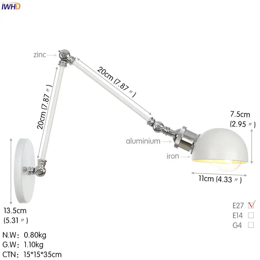 A sleek white dome wall sconce with chrome adjustable swing arm made of zinc aluminum and iron for bedroom decorbites