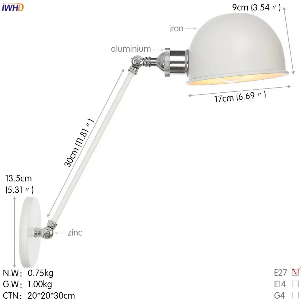 Industrial white and chrome adjustable swing arm wall sconce with a dome lamp, chrome aluminum arm, and zinc base decorbites adjustable swing