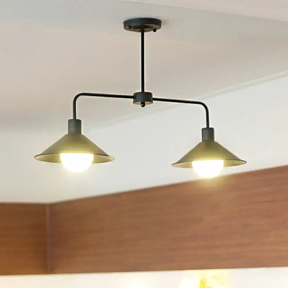 DecorBites™ black industrial pendant light with two warm conic shades and angle arm for kitchen island lighting