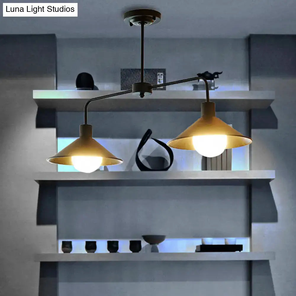 Decorbites™ industrial conic pendant light in black and white with brass conical shades and angle arm for kitchen island lighting