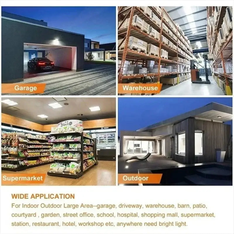 Industrial white deformable led ceiling light with four wings shown in garage warehouse supermarket and outdoor settings for decorbites led ceiling use