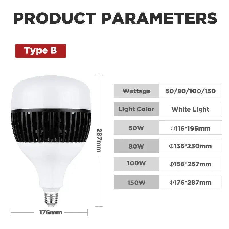 Industrial white e27 led bulb with black ribbed heat sink and high power garage light for efficient led lighting