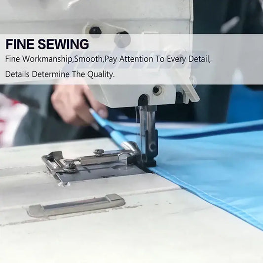 Industrial white sewing machine with metallic components sewing blue fabric for decorbites kitties tapestry wall art decor