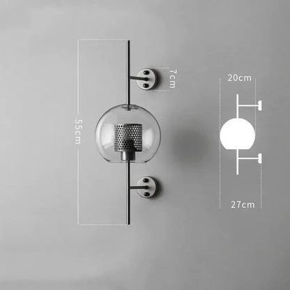 Modern minimalist decorbites industrial wind grid wall lamp with clear glass globe and perforated brass center on black rods