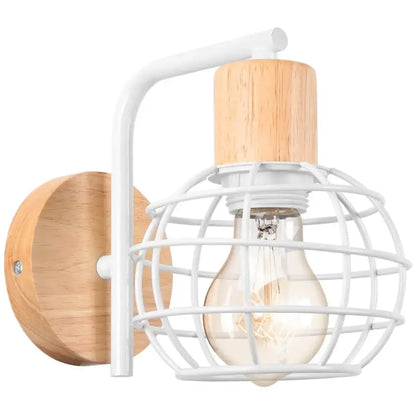 White metal industrial wire cage wall sconce with natural wood finish accent and exposed bulb for bedroom decorbites lighting