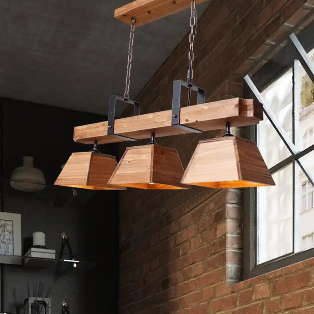 Industrial wood 3 light trapezoid chandelier with hexagonal shades and black metal brackets for dining room e26 e27 fixture width