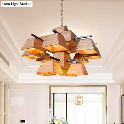 Industrial wood 3 light trapezoid chandelier with geometric wooden shades and black metal accents for dining room e26 e27 fixture width