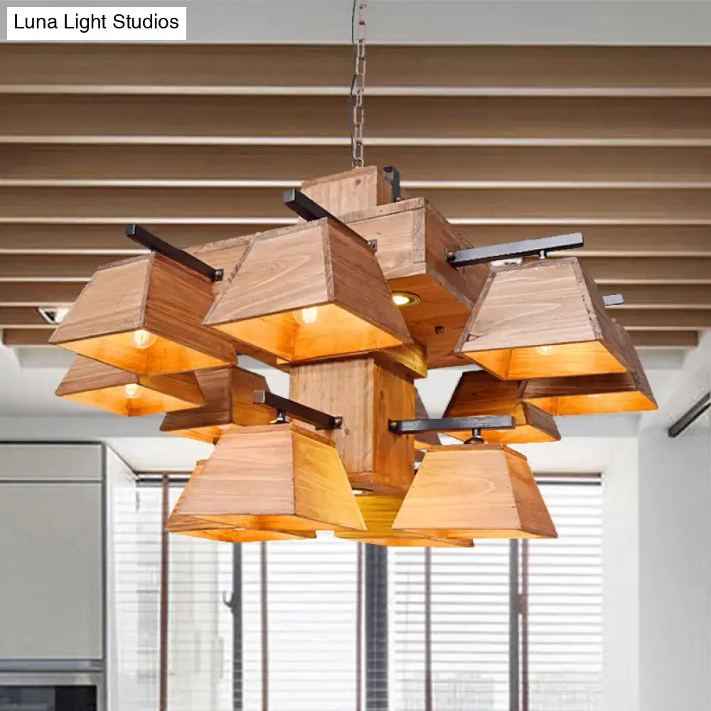 Rustic wooden chandelier with black metal accents and geometric box shades ideal for dining room e26 e27 fixture width