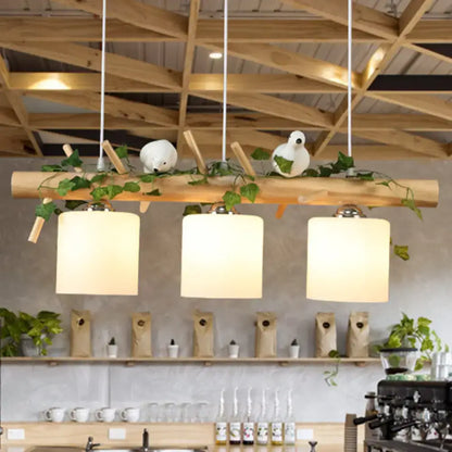 Decorbites industrial 3-light hanging pendant with milky glass cylinders wooden stick and bird accent for coffee shop 220v-240v chain cord length
