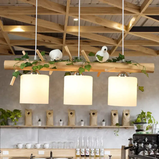 Decorbites industrial 3-light hanging pendant with milky glass cylinders wooden stick and bird accent for coffee shop 220v-240v chain cord length
