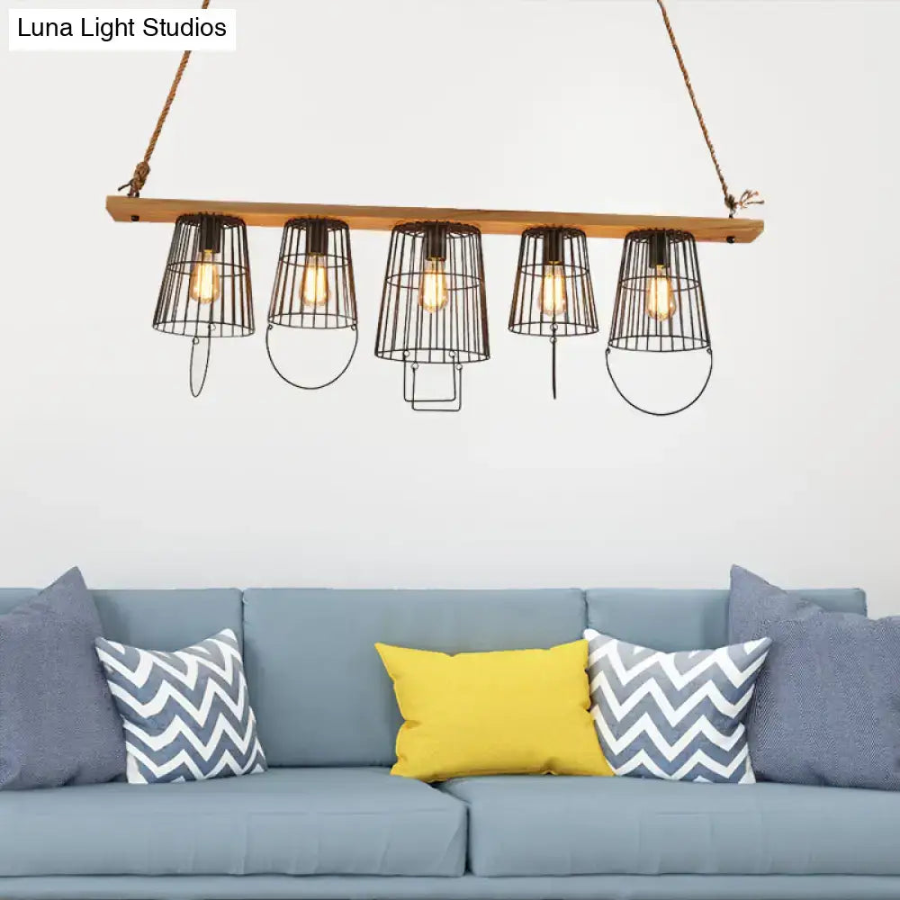 Industrial black metal cage island lamp with wooden beam and five lights for living room 220v-240v 110v-120v