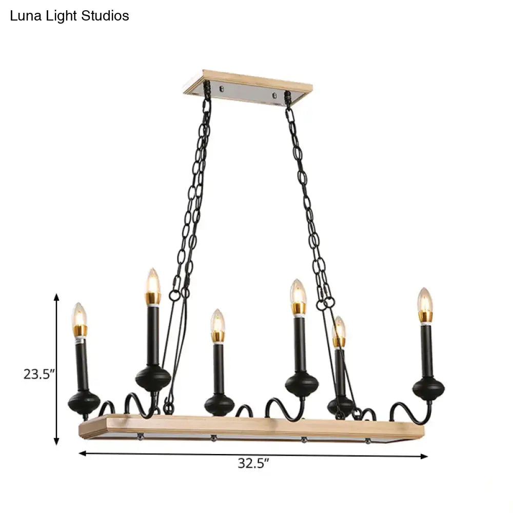 Rustic wooden chandelier with black metal chains and 6 candle style bulbs ideal as a candle style island light