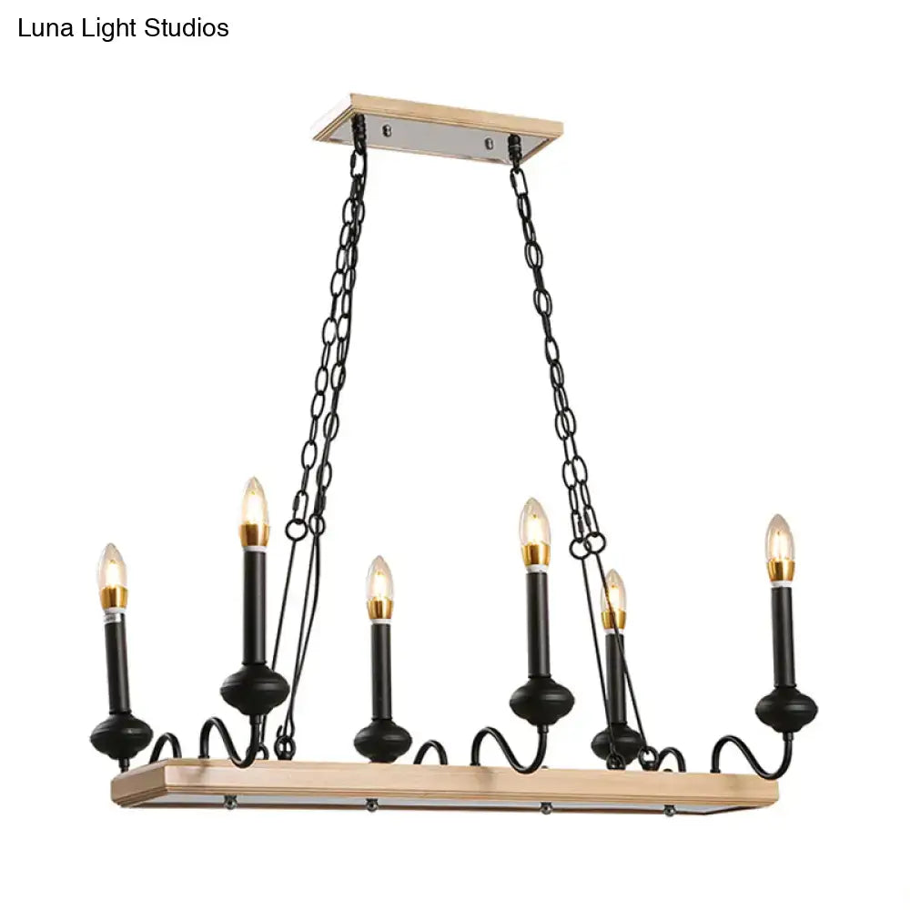 Rustic farmhouse-style chandelier with light wood frame black metal chains candle style island light with gold-tipped bulbs