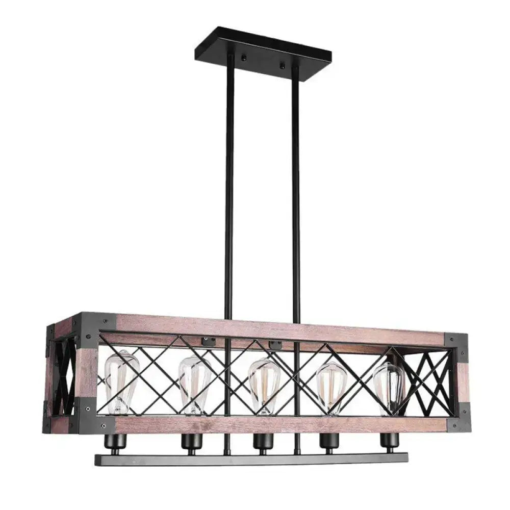 Decorbites vintage metal island lamp rectangular 5-bulb pendant light with rustic wood frame and black metal accents