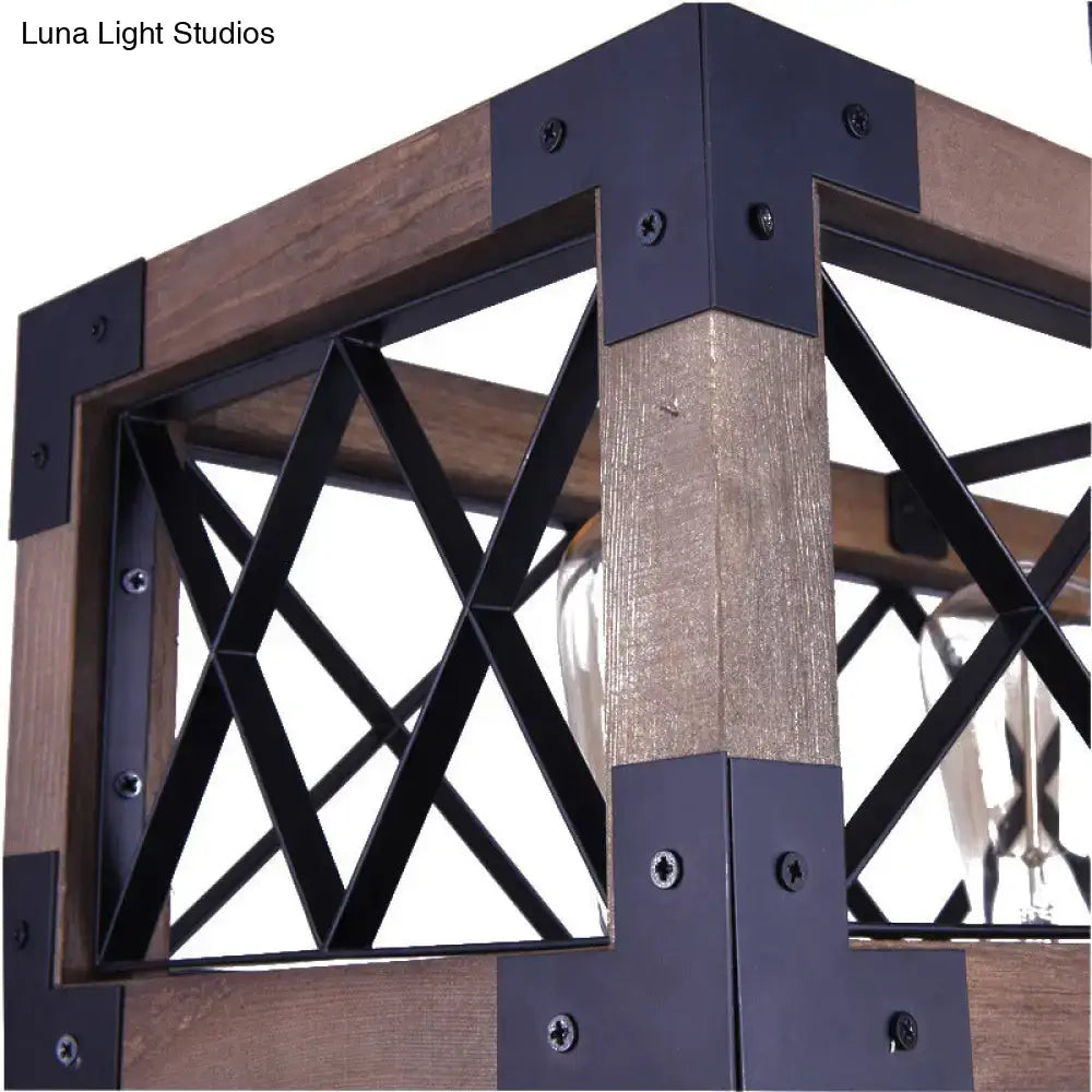 DecorBites vintage metal island lamp with black metal framing rustic wood beams and visible screws securing structure