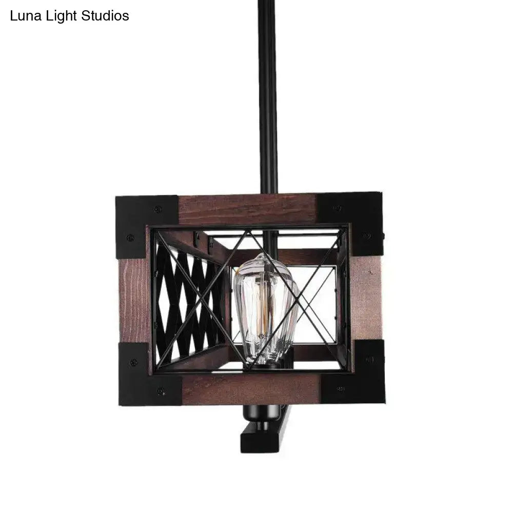 Decorbites™ vintage metal island lamp with black metal frame, wood accents, and exposed filament bulbs