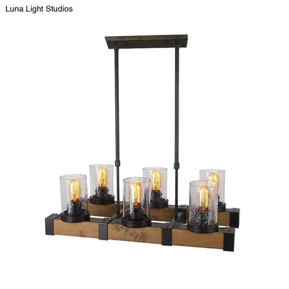 DecorBites™ traditional dining room pendant light with clear glass cylinders black metal and rustic wooden frame