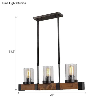 DecorBites traditional dining room pendant light with clear glass cylinder, black metal frame, and rustic wooden base