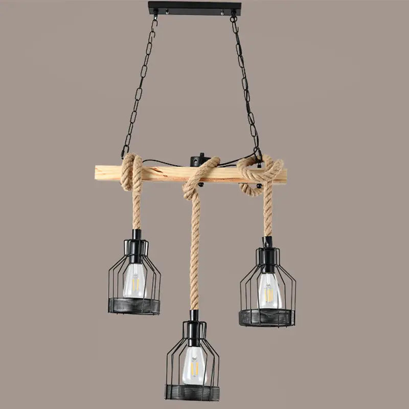 DecorBites™ Hang-It-Out farmhouse pendant lamp with rustic wood beam black metal cage shades and beige rope suspension