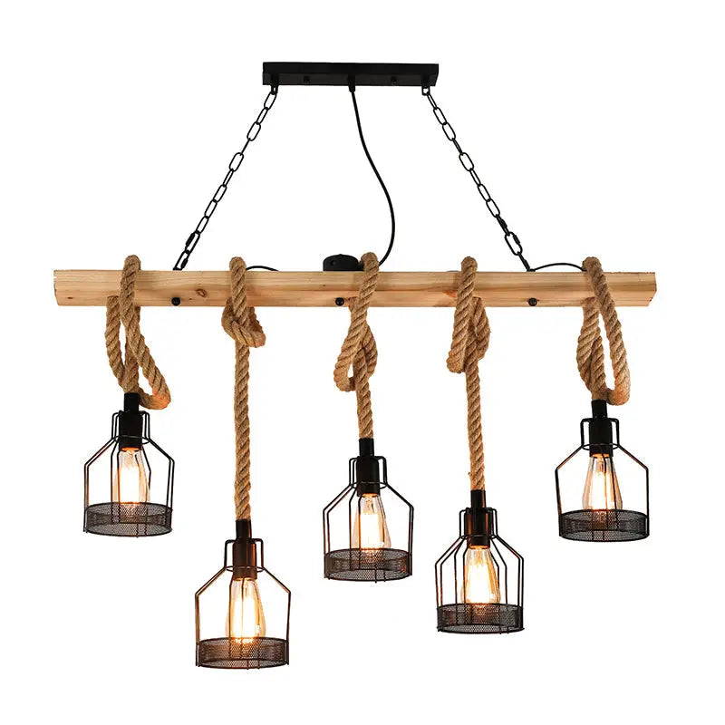 Decorbites™ hang-it-out farmhouse pendant lamp with light wood beam and black metal cage lamps suspended by natural rope