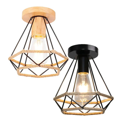 Two industrial vintage ceiling lights with natural wood and black metal finishes featuring beige rope cage decorbites ceiling light