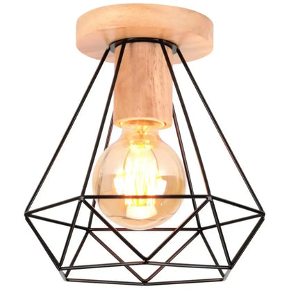 A warm-toned industrial vintage ceiling light with a geometric black wire cage and natural wood ceiling mount decorbites