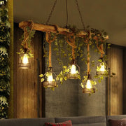 Rustic wooden beam industrial wood pendant light with hanging metal lanterns and green vines dining room led chandelier 220v-240v