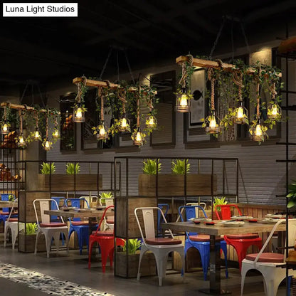Rustic wooden industrial pendant light with greenery and rope accents led chandelier for dining room 220v-240v 110v-120v