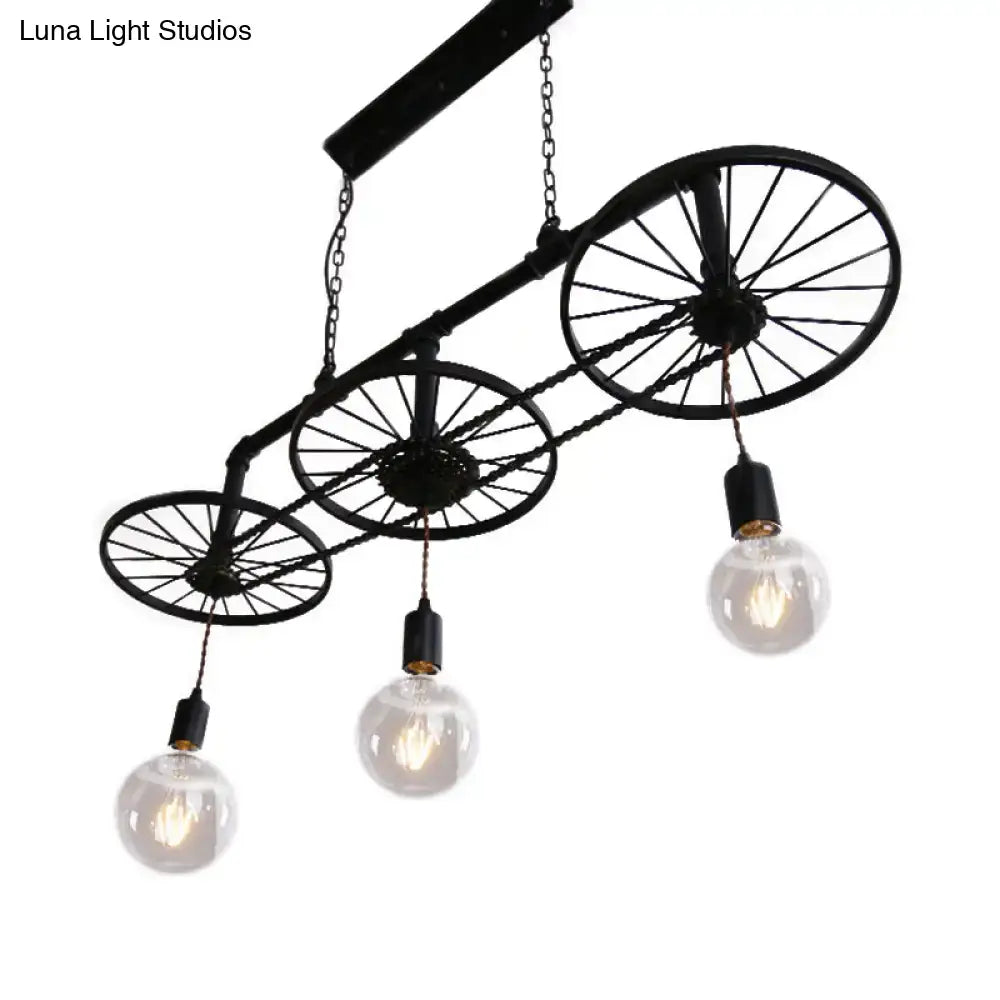 DecorBites vintage industrial black island light with wrought iron wheel design and exposed bulbs for living room