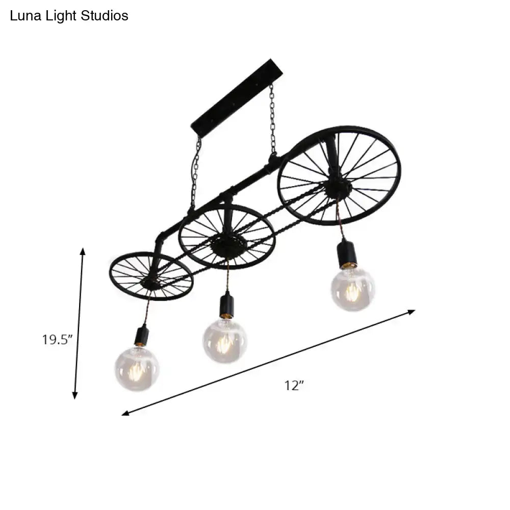 Black industrial island light with wrought iron wheel design and clear glass bulb sockets for living room decor