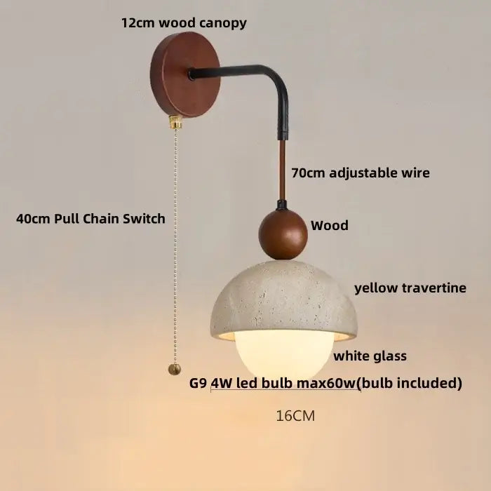 Industrial yellow travertine wall lamp with pull chain switch features wood canopy and adjustable black wire arm
