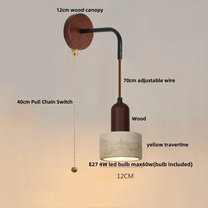 Industrial yellow travertine wall lamp with pull chain switch featuring a warm wooden canopy and black adjustable wire